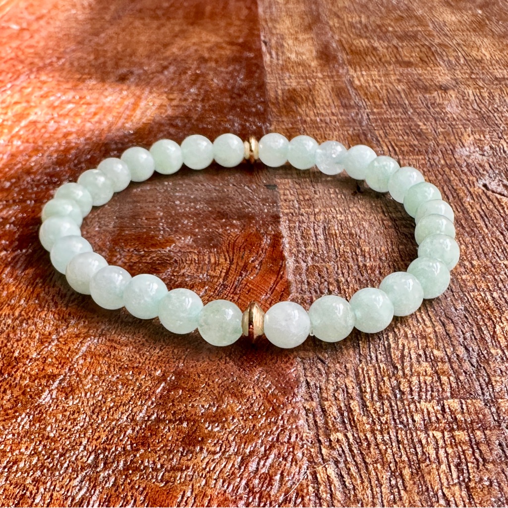 Longevity Burmese Jade Crystal Bead Bracelet Pastel Gold 6mm Handmade Stainless